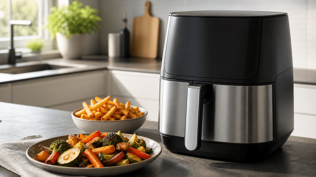 Air fryer générique avec frites maison et légumes rôtis sur un plan de travail de cuisine