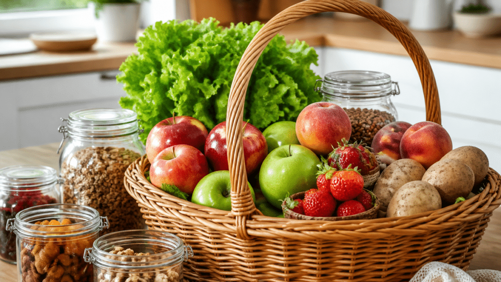 Panier de fruits légumes céréales et aliments à privilégier en version bio