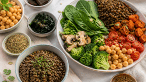 Aliments riches en fer avec lentilles pois chiches chocolat noir herbes séchées et graines