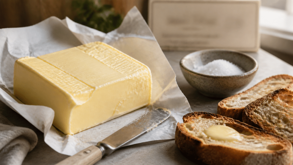 Plaquette de beurre avec tartines et étiquette alimentaire générique en cuisine