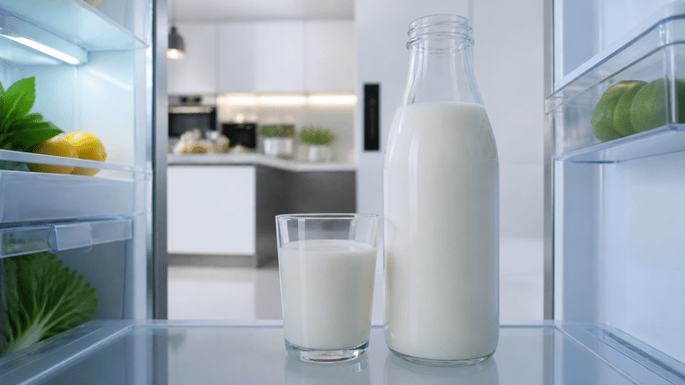 Bouteille de lait ouverte conservée au réfrigérateur avec un verre de lait