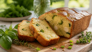 Cake salé aux courgettes et chèvre coupé en tranches pour un apéritif d’été