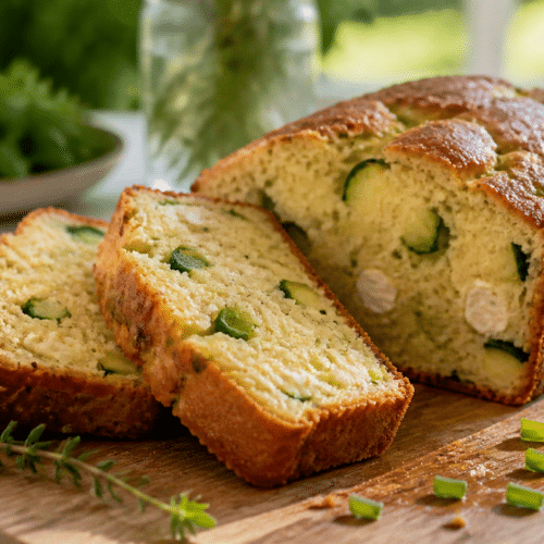 Cake salé aux courgettes et chèvre coupé en tranches pour un apéritif d’été
