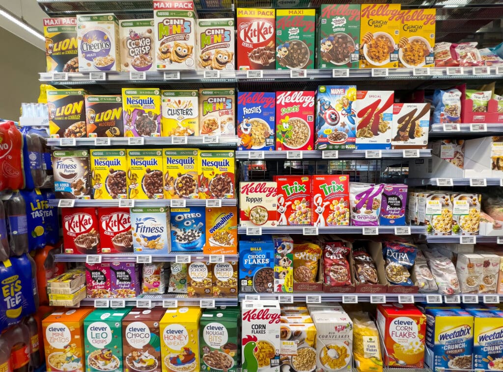 colorful supermarket cereal aisle display with various brands an