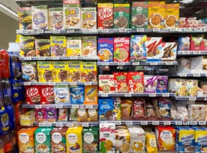 colorful supermarket cereal aisle display with various brands an