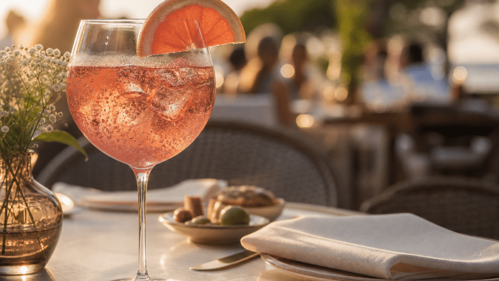 Cocktail rosé pétillant dans un verre ballon avec glaçons et tranche de pamplemousse