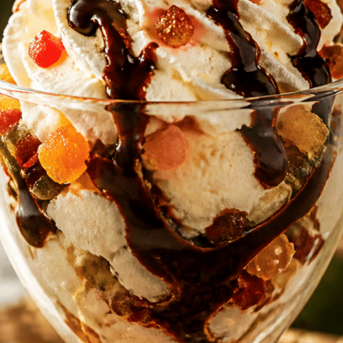 Coupe glacée vanille aux fruits confits avec sauce chocolat chantilly et noisettes concassées