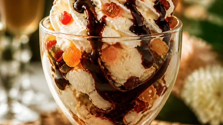 Coupe glacée vanille aux fruits confits avec sauce chocolat chantilly et noisettes concassées