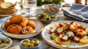 Croquettes de jambon et poulpe à la galicienne servis en tapas espagnoles