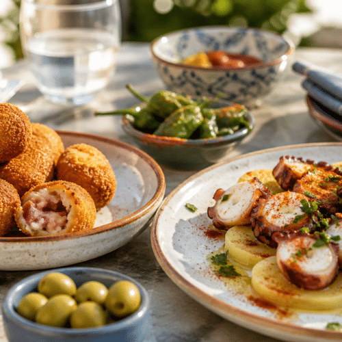 Croquettes de jambon et poulpe à la galicienne servis en tapas espagnoles