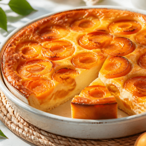 Flan léger aux abricots avec une part coupée sur une table d’été