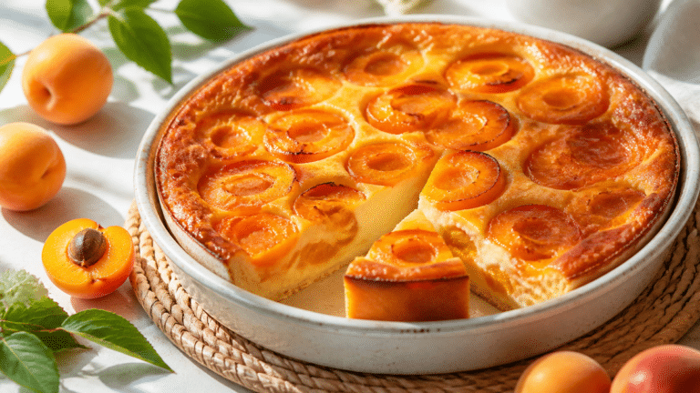 Flan léger aux abricots avec une part coupée sur une table d’été