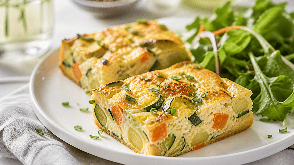 Flan salé aux légumes d’été servi avec une salade verte