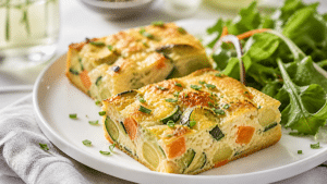 Flan salé aux légumes d’été servi avec une salade verte