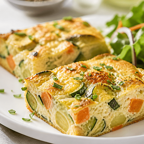Flan salé aux légumes d’été servi avec une salade verte