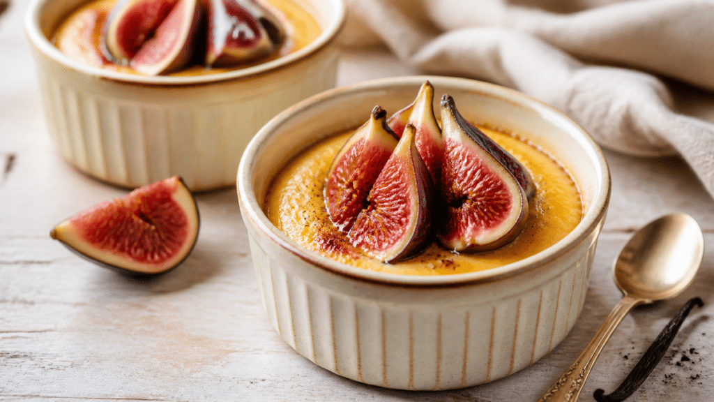 Flans à la semoule aux figues servis dans des ramequins avec vanille