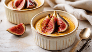 Flans à la semoule aux figues servis dans des ramequins avec vanille