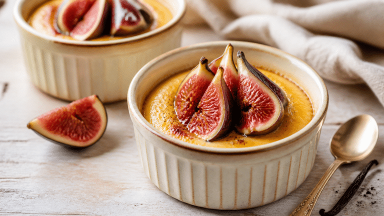Flans à la semoule aux figues servis dans des ramequins avec vanille