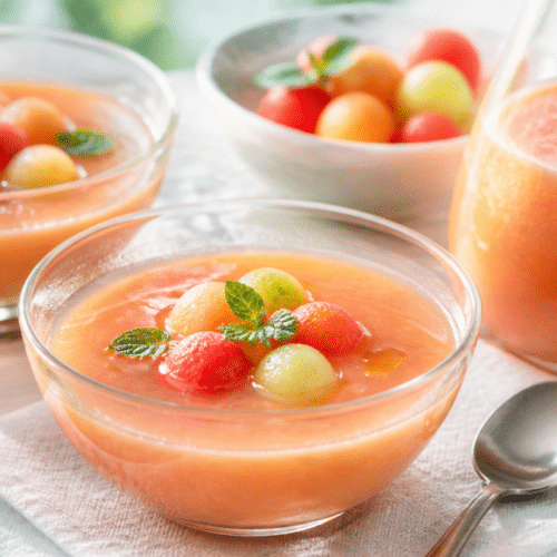 Gaspacho melon pastèque avec billes de fruits et feuilles de menthe
