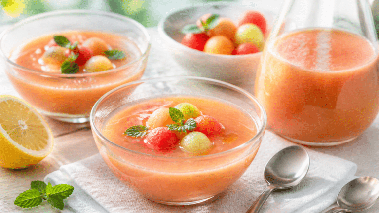 Gaspacho melon pastèque avec billes de fruits et feuilles de menthe