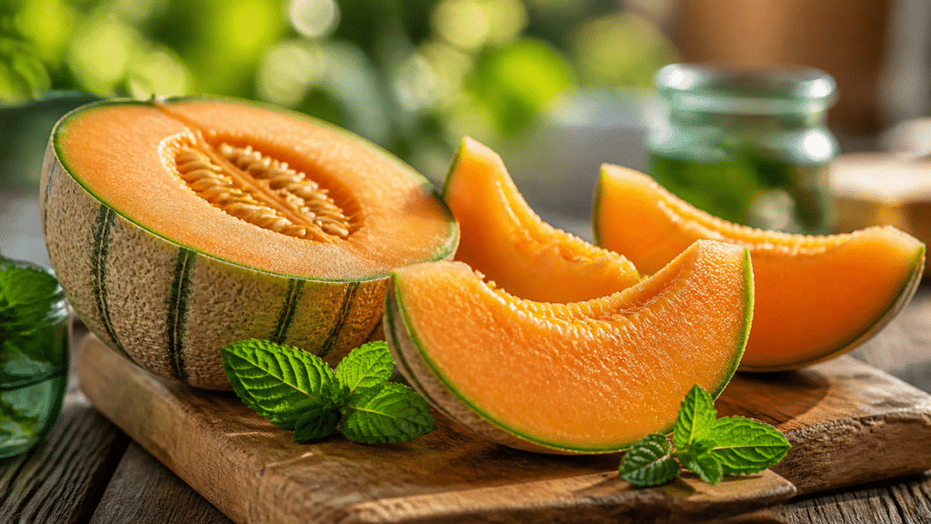 Melon charentais coupé en quartiers pour un apéritif d’été sur une planche en bois