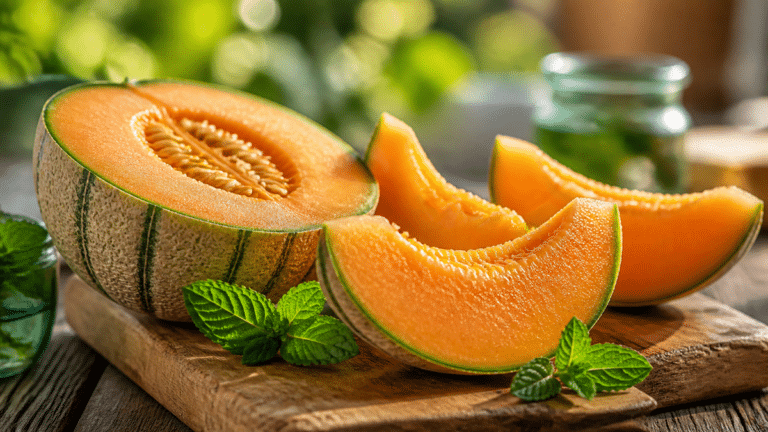 Melon charentais coupé en quartiers pour un apéritif d’été sur une planche en bois