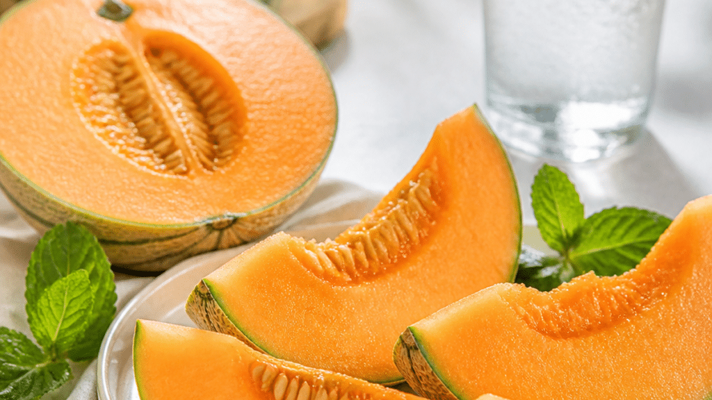 Melon charentais coupé en quartiers sur une table d’été avec menthe et verre d’eau