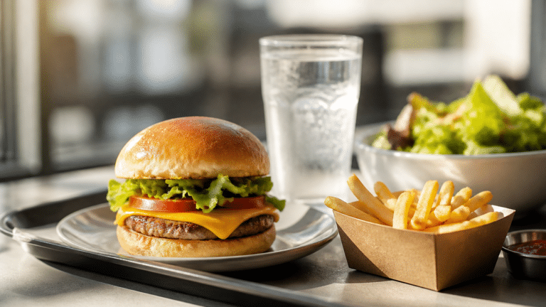 Plateau fast-food générique avec cheeseburger simple verre d’eau et petite portion de frites