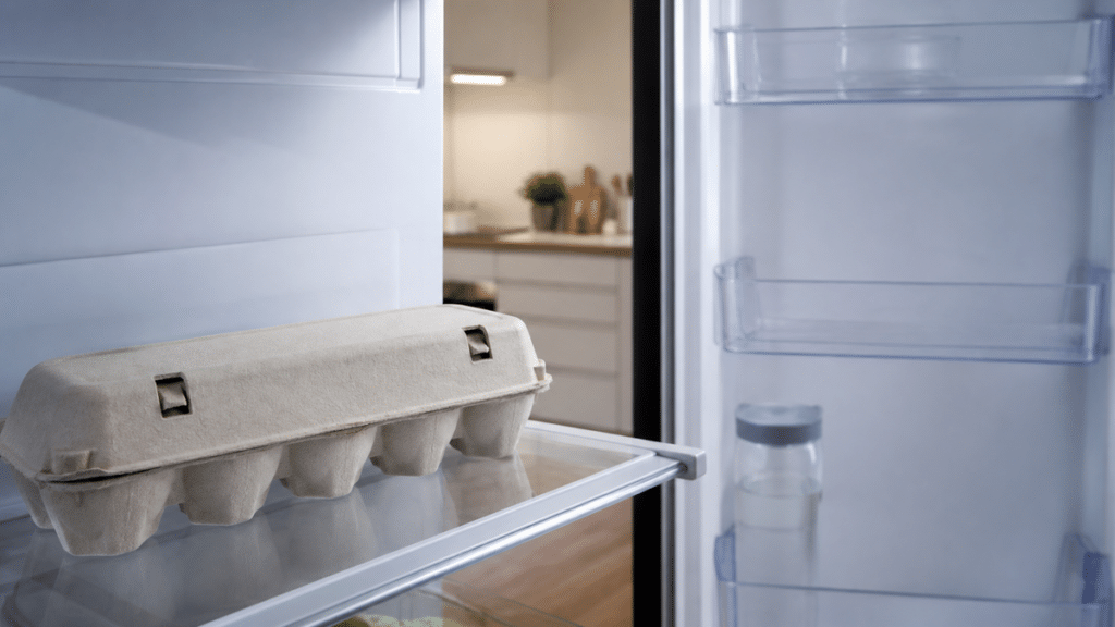 Boîte d’œufs rangée sur une étagère intérieure du réfrigérateur plutôt que dans la porte