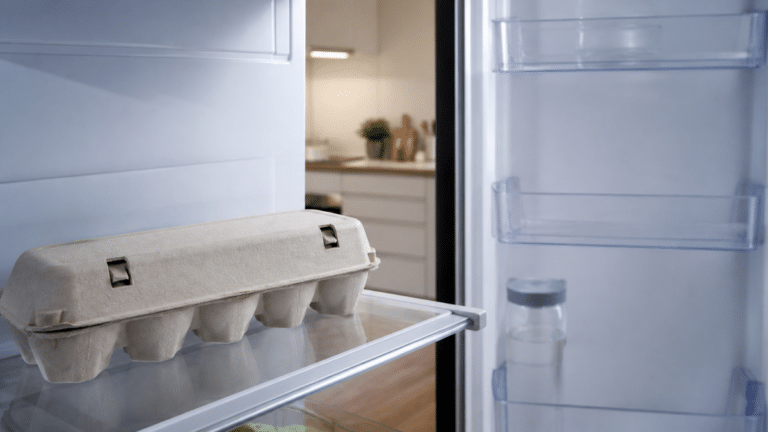 Boîte d’œufs rangée sur une étagère intérieure du réfrigérateur plutôt que dans la porte