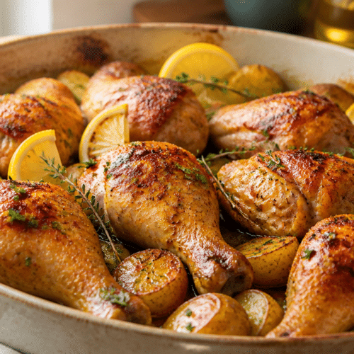 Pilons de poulet dorés au four avec pommes de terre rôties et citron
