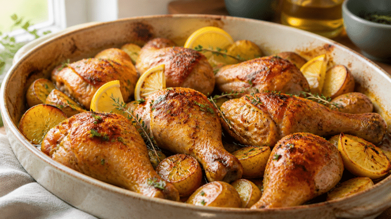 Pilons de poulet dorés au four avec pommes de terre rôties et citron