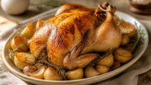 Poulet rôti doré avec pommes de terre et herbes de Provence
