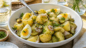 Salade de pommes de terre tiède avec vinaigrette, herbes fraîches, cornichons et œufs durs