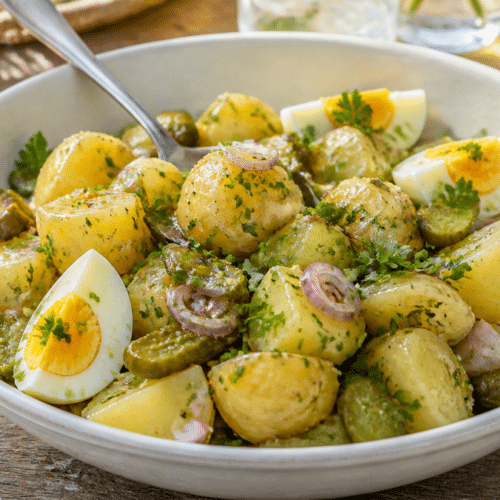 Salade de pommes de terre tiède avec vinaigrette, herbes fraîches, cornichons et œufs durs