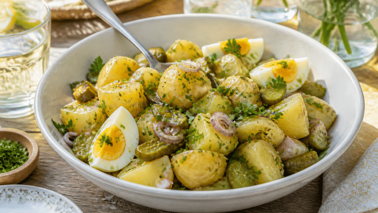 Salade de pommes de terre tiède avec vinaigrette, herbes fraîches, cornichons et œufs durs