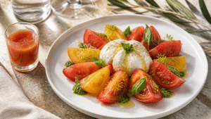 Salade tomate burrata avec tomates en pétales, pesto et verre d’eau de tomate