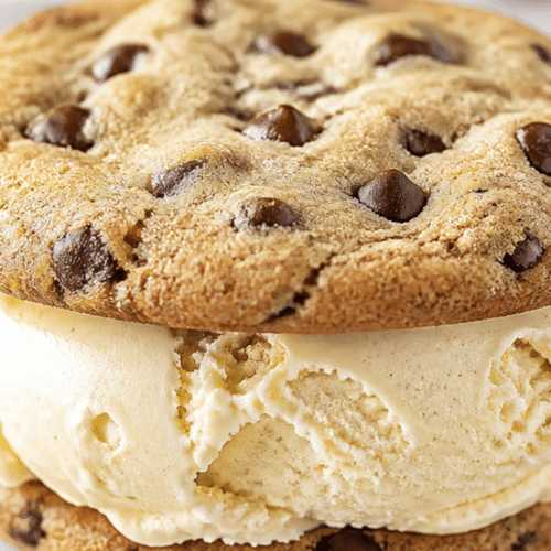 Sandwich glacé maison entre deux cookies aux pépites de chocolat avec crème glacée vanille