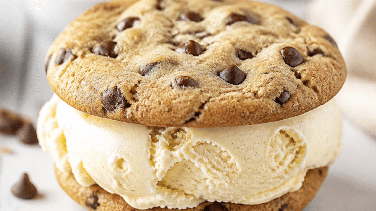 Sandwich glacé maison entre deux cookies aux pépites de chocolat avec crème glacée vanille