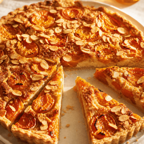 Tarte aux abricots dorée avec frangipane et amandes effilées sur une table d’été