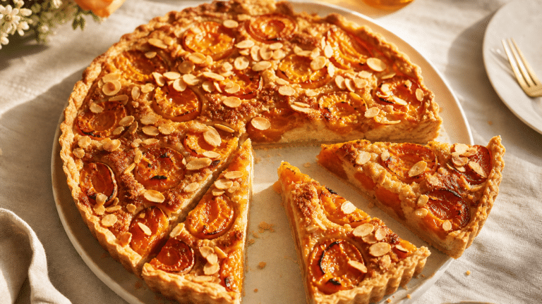 Tarte aux abricots dorée avec frangipane et amandes effilées sur une table d’été
