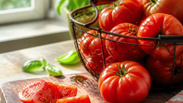 Tomates rouges mûres conservées à température ambiante dans une corbeille sur un plan de travail