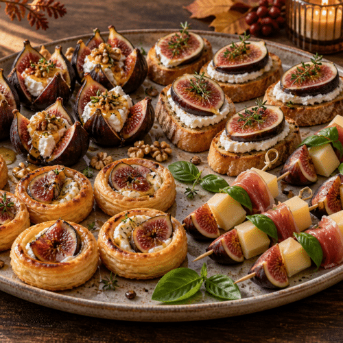 Plateau apéritif avec quatre bouchées aux figues, chèvre, noix, tartelettes, comté et jambon cru