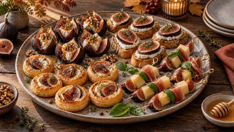 Plateau apéritif avec quatre bouchées aux figues, chèvre, noix, tartelettes, comté et jambon cru