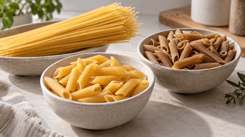 Penne et spaghetti secs dans des bols, pour comparer les références de pâtes
