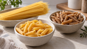 Penne et spaghetti secs dans des bols, pour comparer les références de pâtes