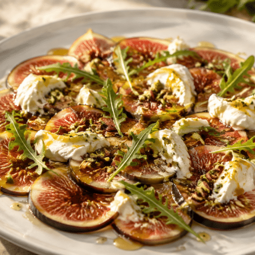 Carpaccio de figues fraîches avec burrata, pistaches, roquette et filet de miel