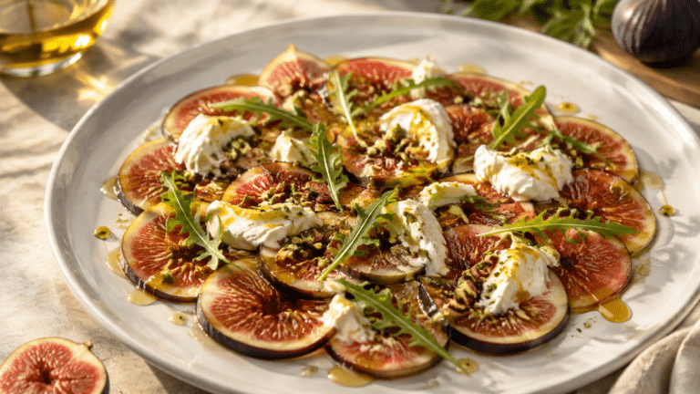 Carpaccio de figues fraîches avec burrata, pistaches, roquette et filet de miel