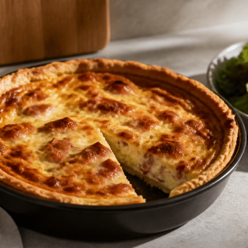 Quiche lorraine dorée cuite dans un petit moule avec salade verte