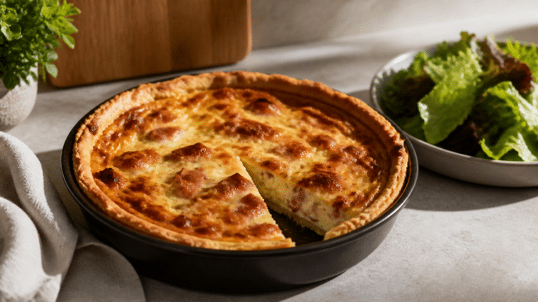 Quiche lorraine dorée cuite dans un petit moule avec salade verte